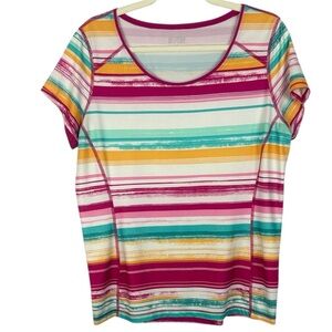 Land's End Sport Vibrant Colorful Pink Orange Teal Striped Short Sleeve Tee M